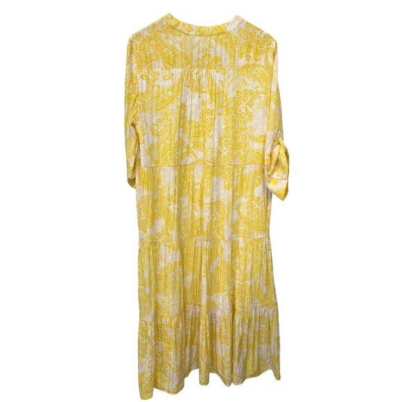 Chicos Maxi Dress Size 12/14 Tiered Paisley Print 3/4 Sleeve White Yellow Boho - Picture 4 of 9